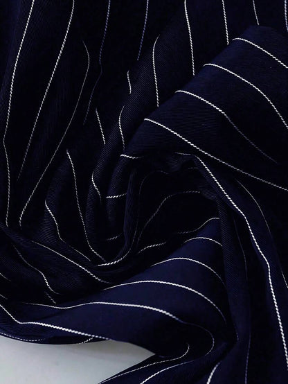 Philippa Pinstripe High-Waist Straight Leg Drawstring Trousers - Navy Pinstripe