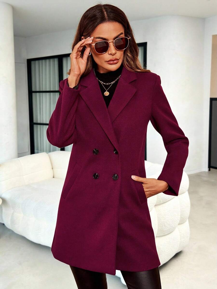 Aveline Double-Breasted Lapel Coat with Tailored Thigh-Length Cut - Red Violet