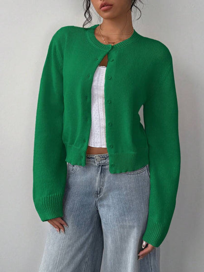 Elowen Round Neck Cropped Cardigan - Green