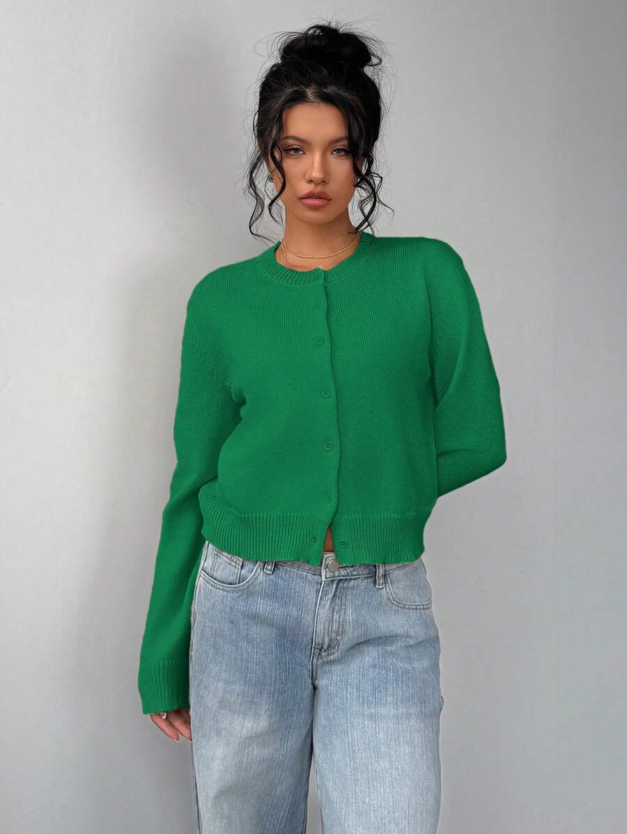 Elowen Round Neck Cropped Cardigan - Green