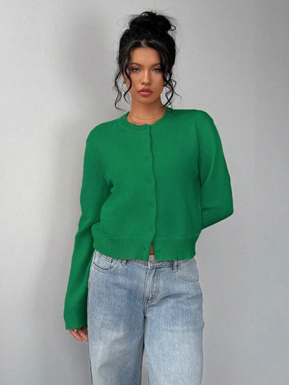 Elowen Round Neck Cropped Cardigan - Green