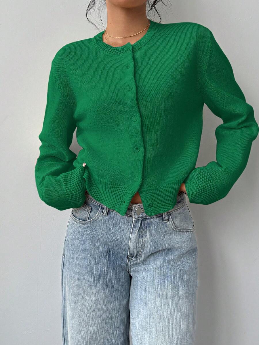 Elowen Round Neck Cropped Cardigan - Green