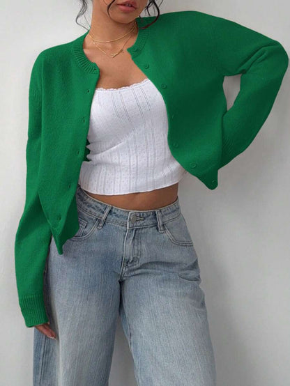 Elowen Round Neck Cropped Cardigan - Green