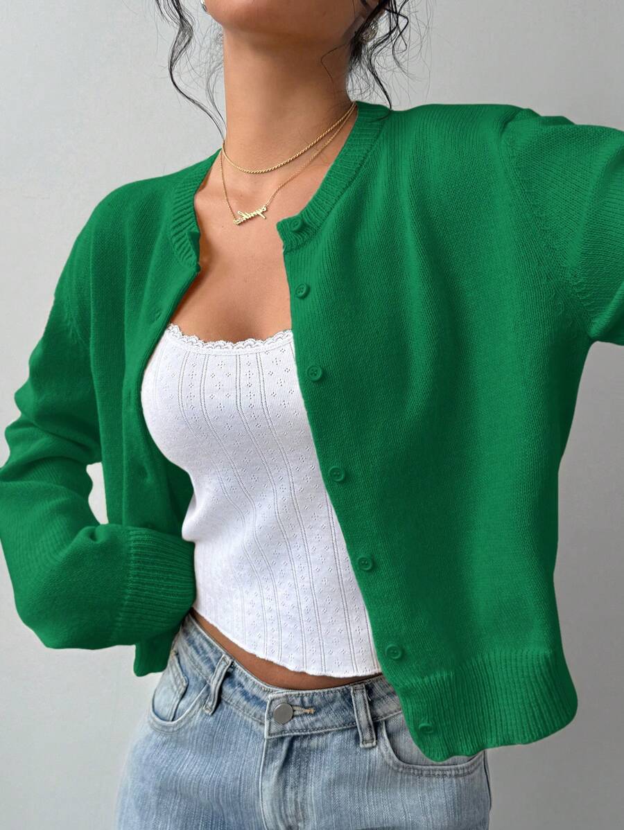 Elowen Round Neck Cropped Cardigan - Green