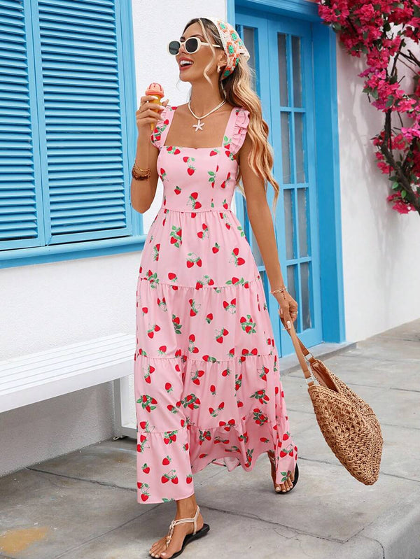 Vivid Eden Vacation Outfits Women,Women's Summer Vacation Style All-Over Strawberry Print Square Neck Ruffle Armhole Tiered Hem Dress,Vacation Outfits Women,Summer Outfits,Spring Outfit Women,Elegant Dresses For Party,Beach Outfit For Women,Wedding Guest Mensa