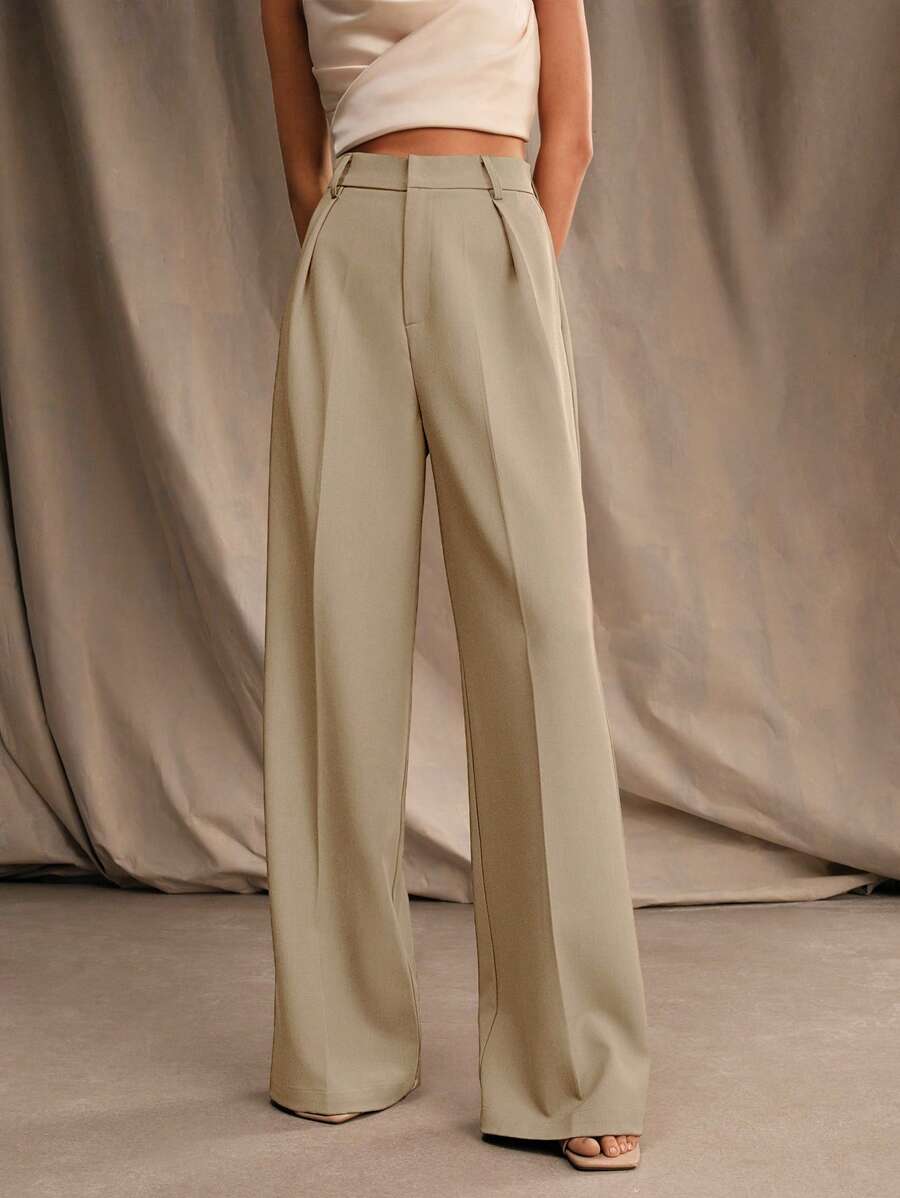 Tatiana Pleated High Waist Wide Leg Trousers with Pockets - Apricot