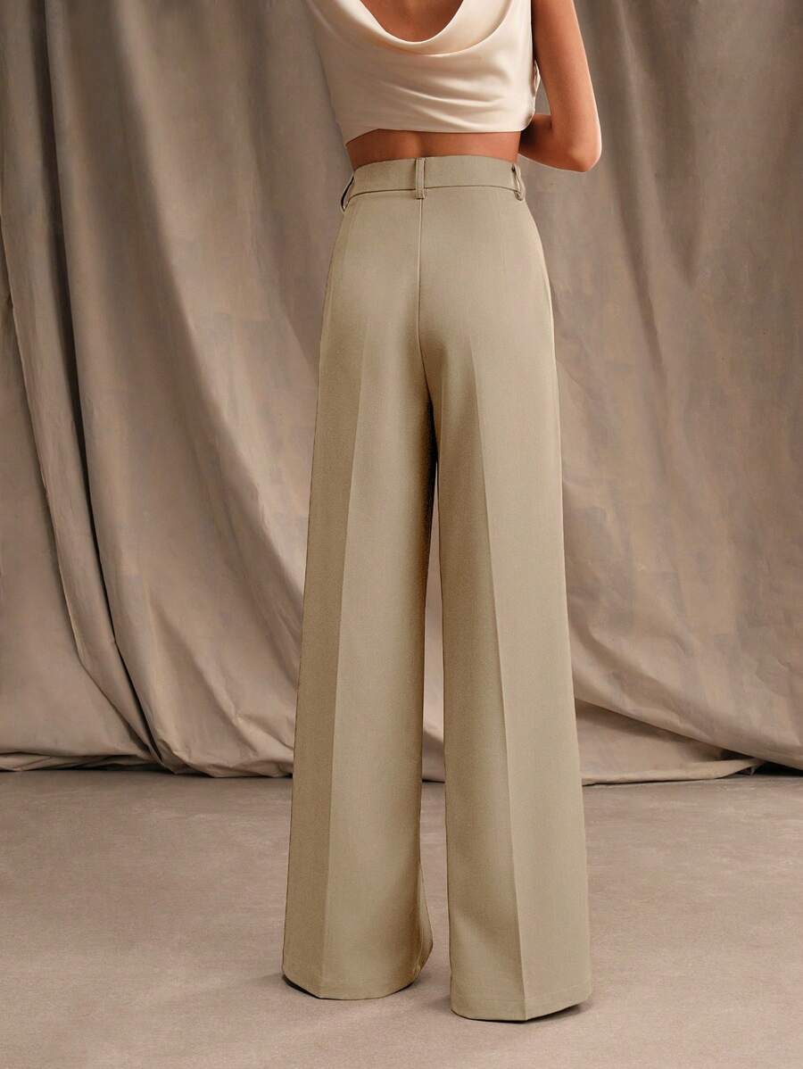 Tatiana Pleated High Waist Wide Leg Trousers with Pockets - Black
