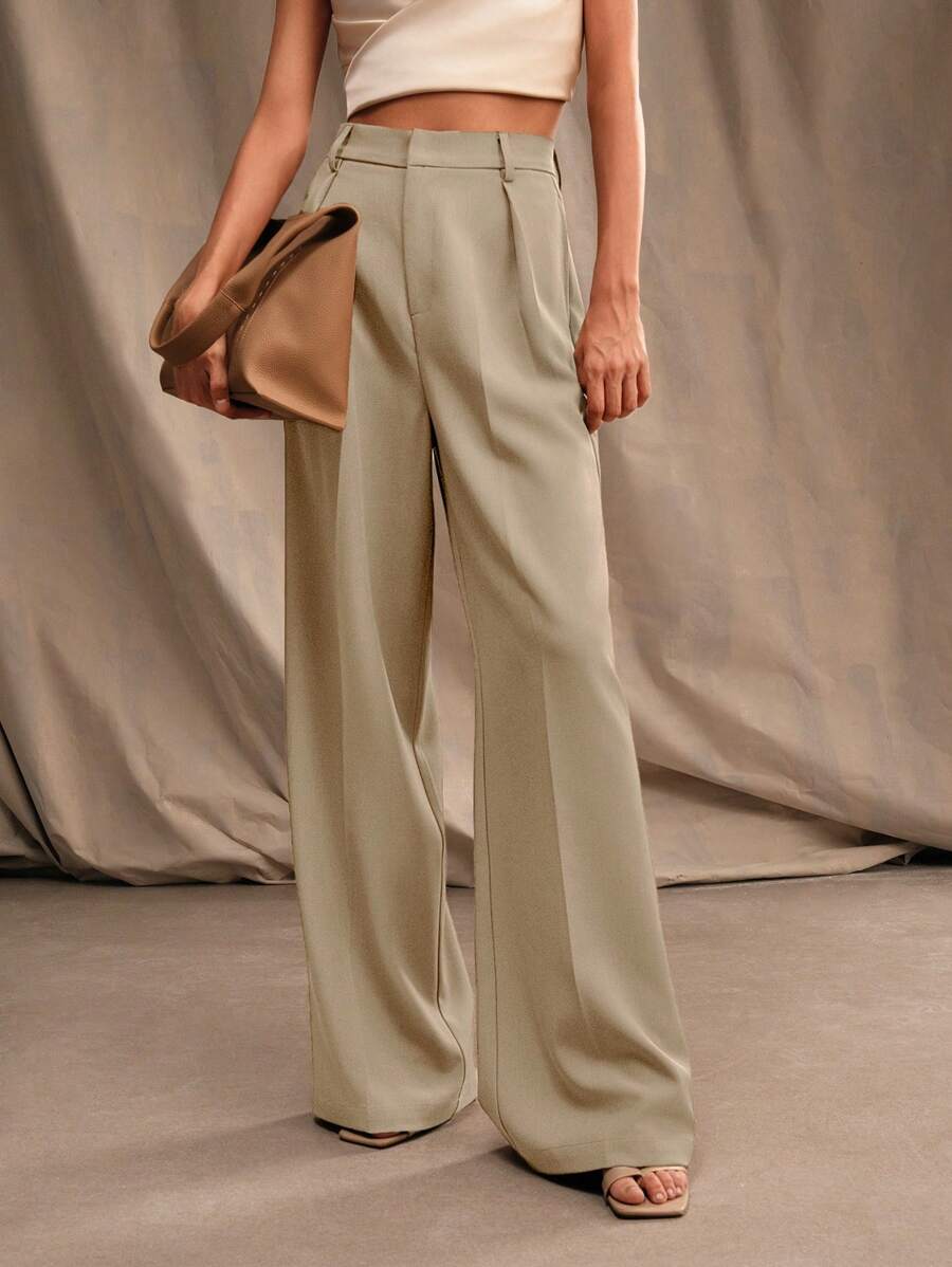 Tatiana Pleated High Waist Wide Leg Trousers with Pockets - Burgundy