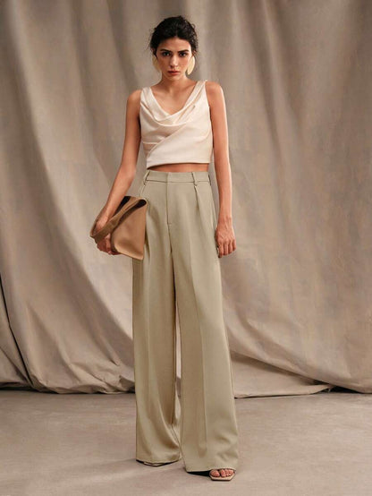 Tatiana Pleated High Waist Wide Leg Trousers with Pockets - Camel