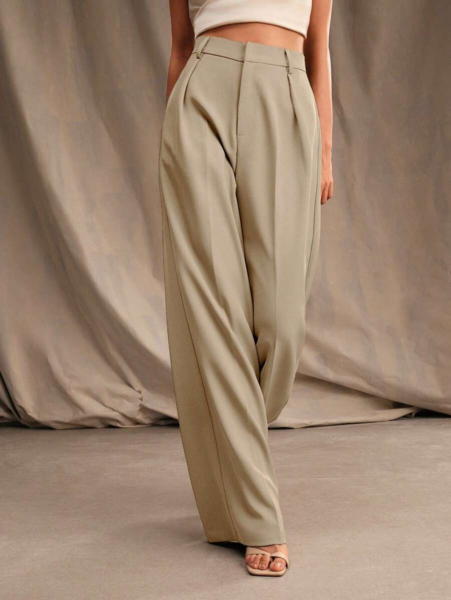 Tatiana Pleated High Waist Wide Leg Trousers with Pockets - Grey