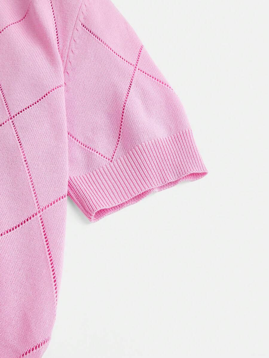 Nadia Navy Blue Polo Collar Diamond Crochet Short Sleeve Sweater - Pink