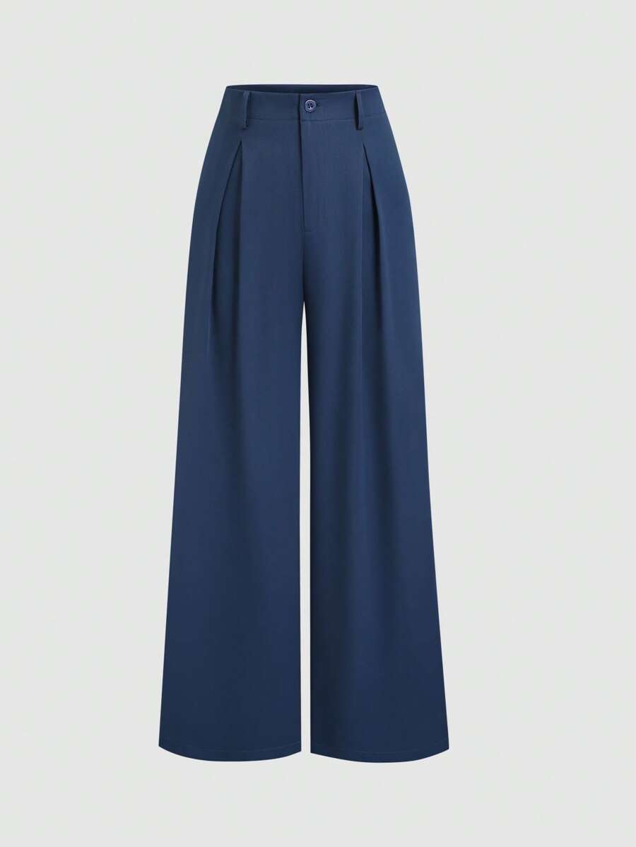 Katya Pleated Wide Leg Pants Tailored High Rise Trousers - Denim Blue
