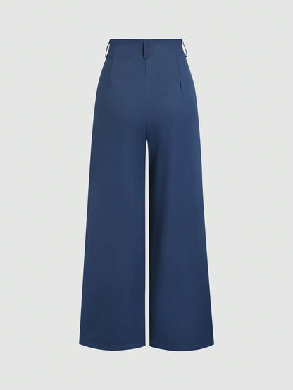 Katya Pleated Wide Leg Pants Tailored High Rise Trousers - Denim Blue