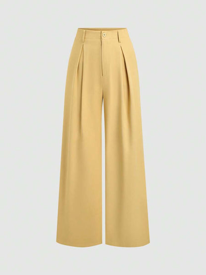 Katya Pleated Wide Leg Pants Tailored High Rise Trousers - Honey Yellow