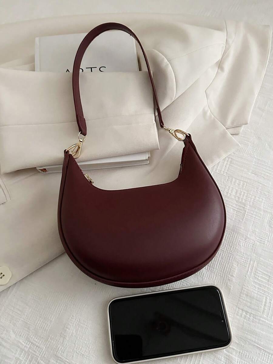 Women's Crescent Shoulder Bag, Faux Leather Half Moon Purse with Gold Hardware