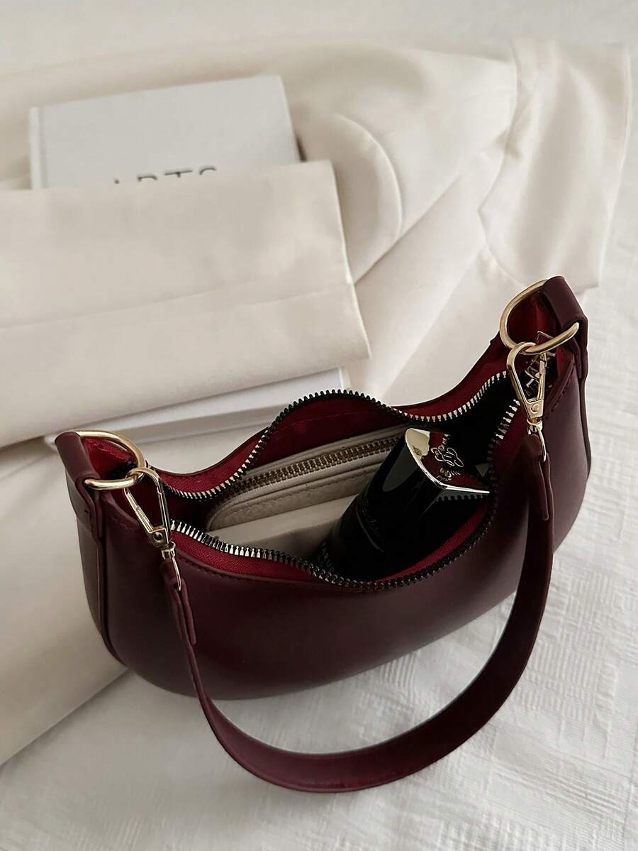 Women's Crescent Shoulder Bag, Faux Leather Half Moon Purse with Gold Hardware