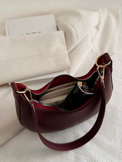 Women's Crescent Shoulder Bag, Faux Leather Half Moon Purse with Gold Hardware