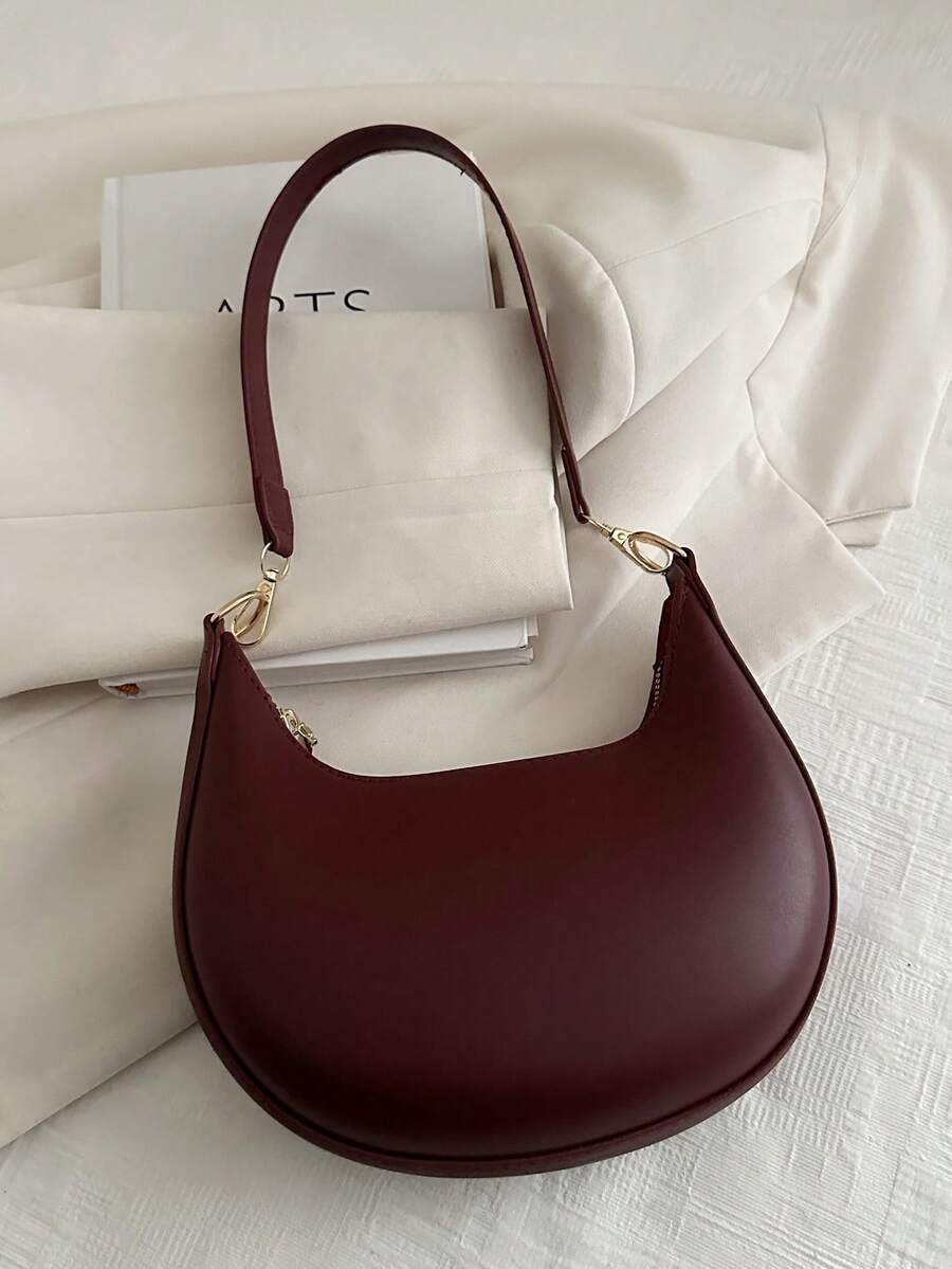 Women's Crescent Shoulder Bag, Faux Leather Half Moon Purse with Gold Hardware