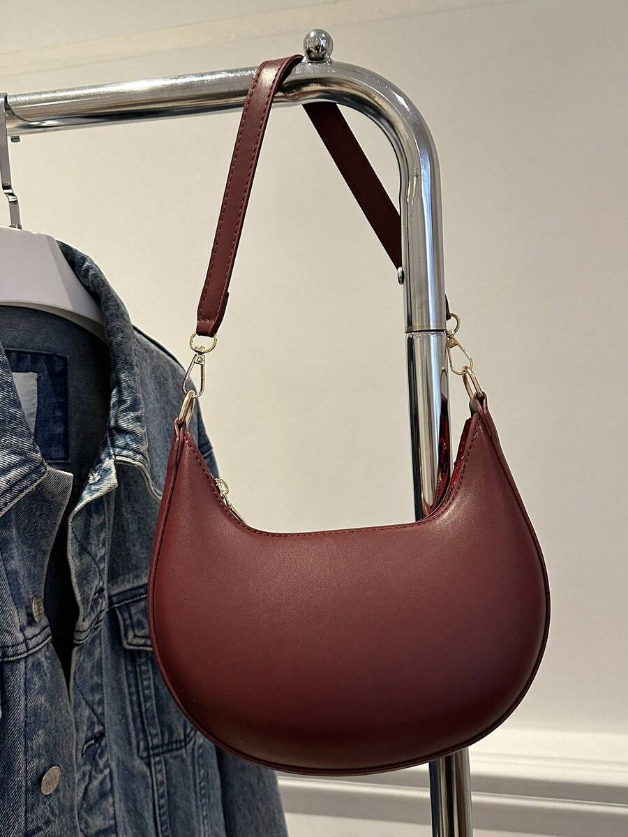 Women's Crescent Shoulder Bag, Faux Leather Half Moon Purse with Gold Hardware