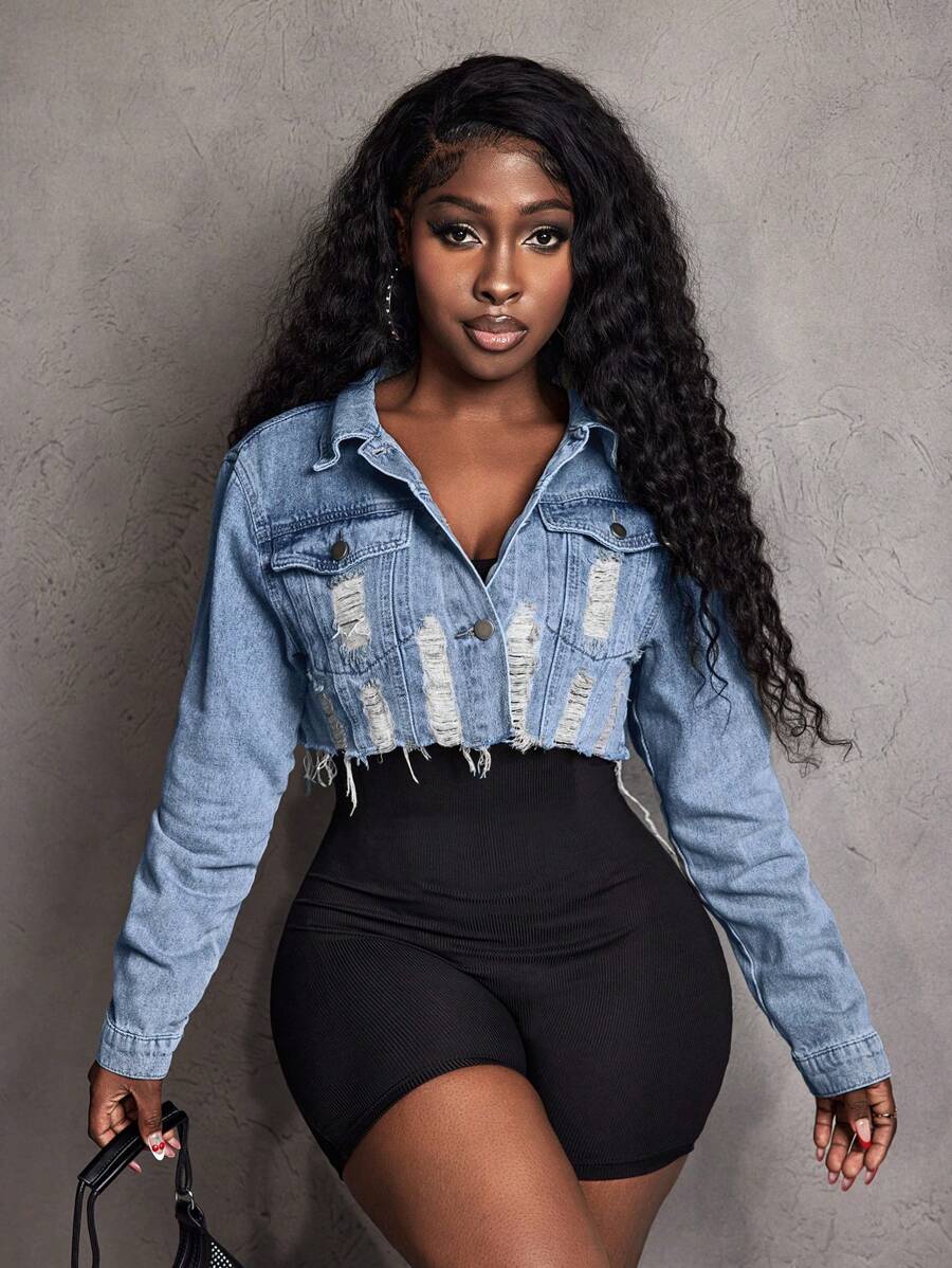 Hazel Distressed Crop Button Denim Jacket - Multicolor