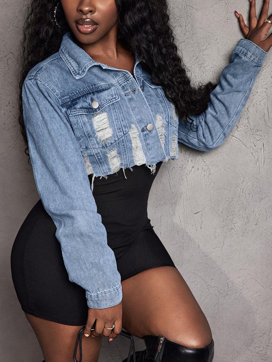 Hazel Distressed Crop Button Denim Jacket - White