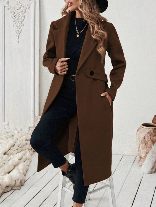 Josephine Belted Notched Collar Double-Breasted Long Coat - Coffee Brown