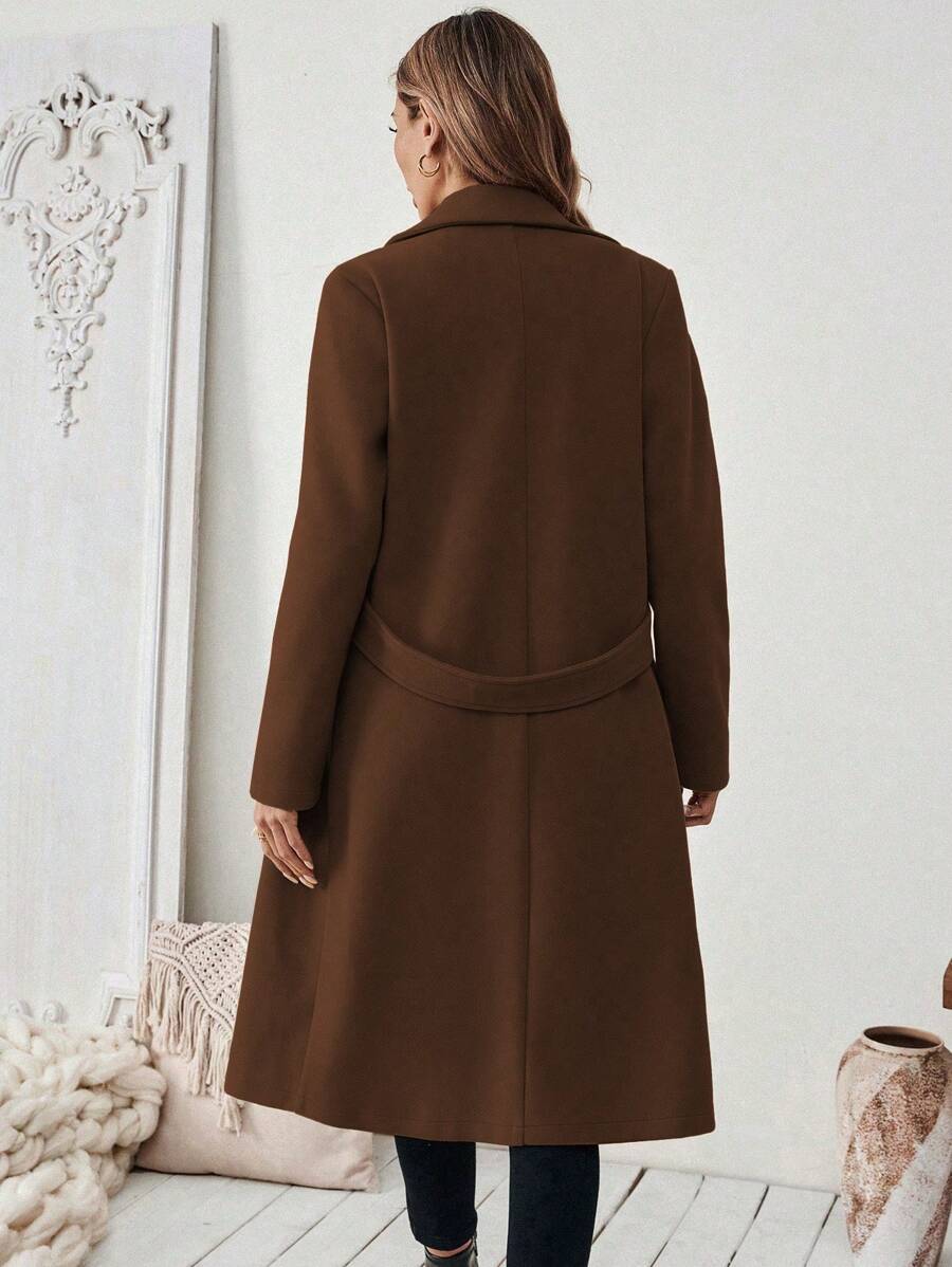 Josephine Belted Notched Collar Double-Breasted Long Coat - Coffee Brown