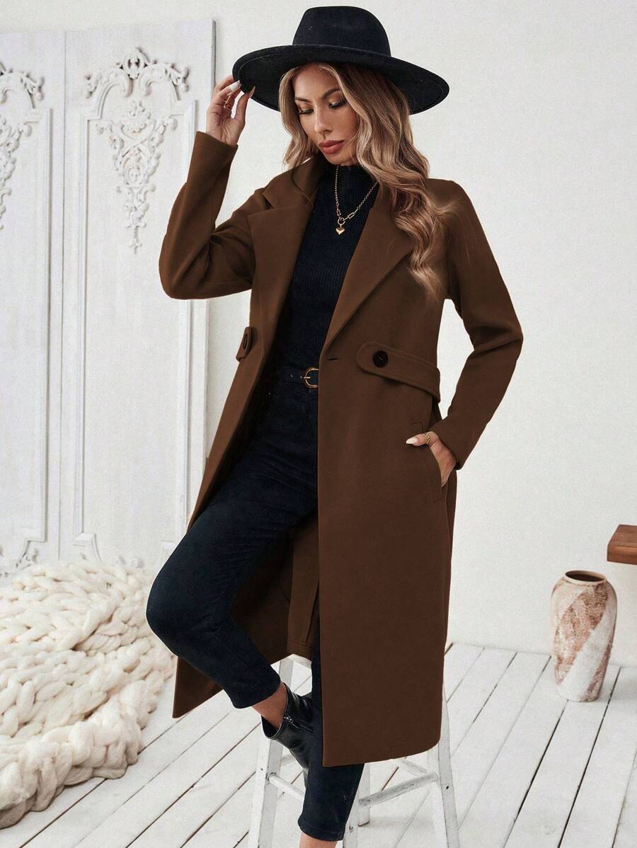 Josephine Belted Notched Collar Double-Breasted Long Coat - Coffee Brown