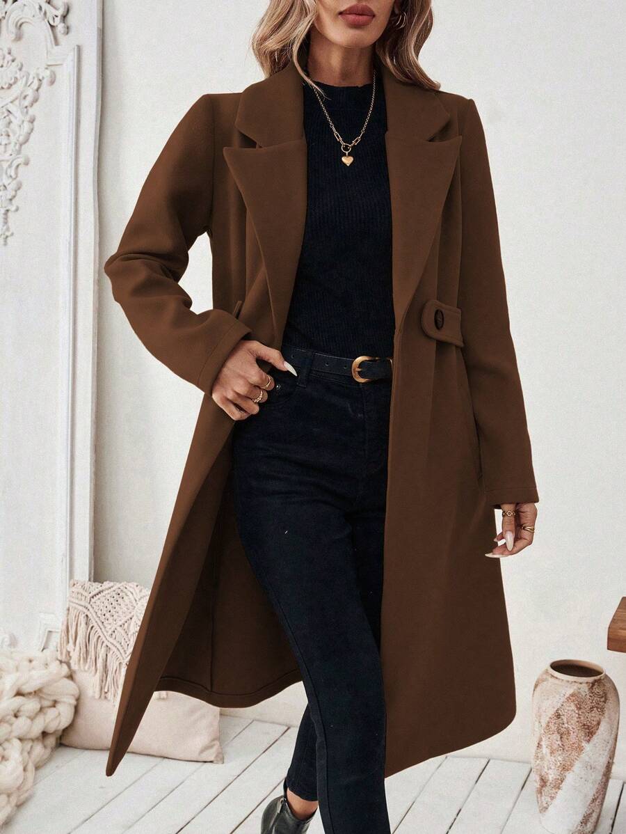 Josephine Belted Notched Collar Double-Breasted Long Coat - Coffee Brown