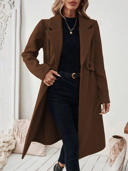 Josephine Belted Notched Collar Double-Breasted Long Coat - Coffee Brown
