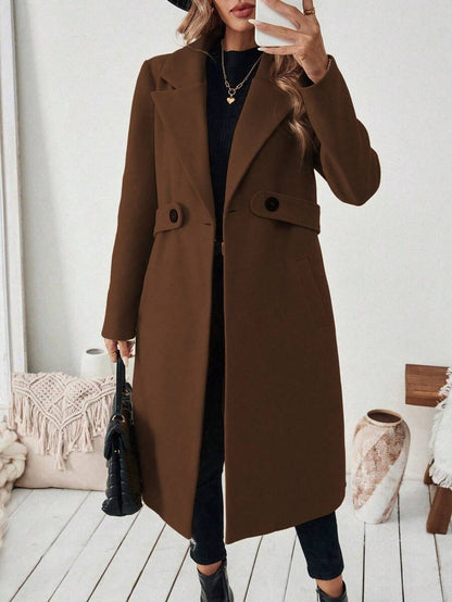 Josephine Belted Notched Collar Double-Breasted Long Coat - Coffee Brown