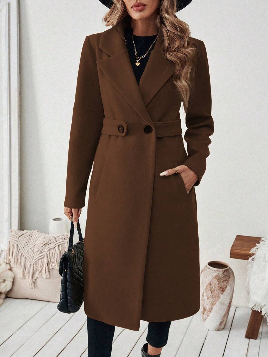 Josephine Belted Notched Collar Double-Breasted Long Coat - Coffee Brown