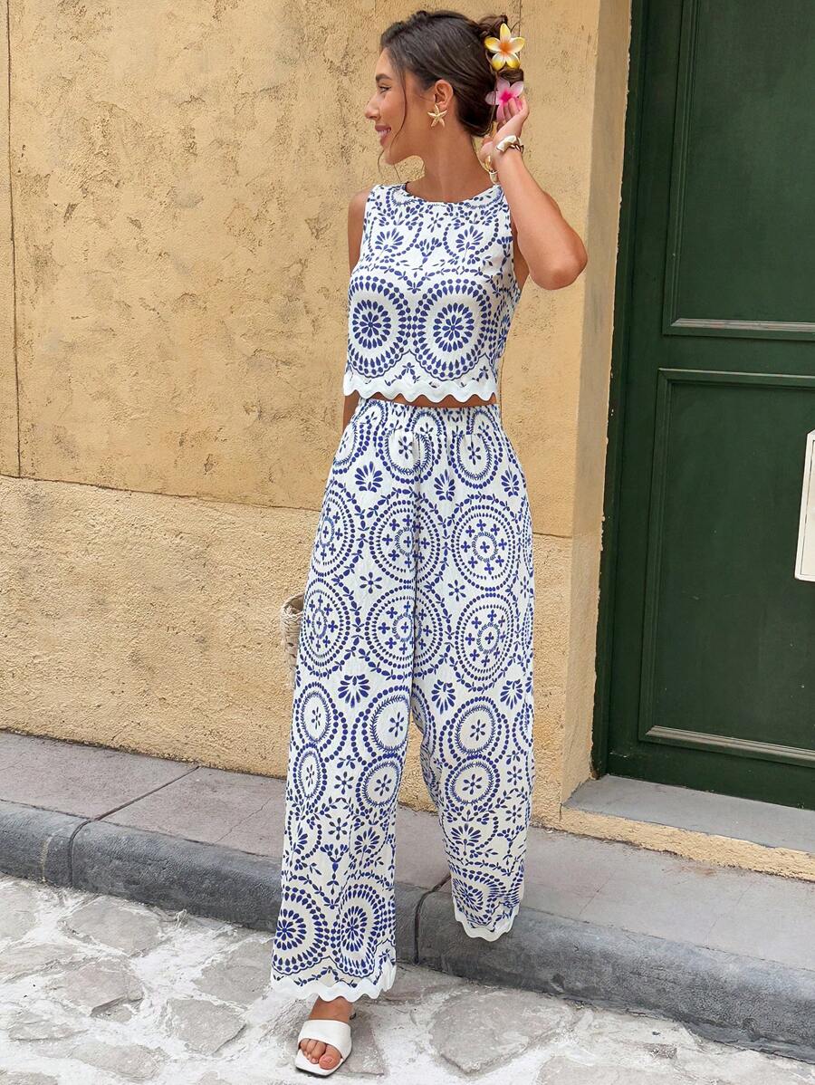 Serisse 2pcs/Set Women Contrast Color Allover Print Casual Sleeveless Top And Loose Fit Wide Leg Pants Summer Blue Vacation Holiday Resort Mensa