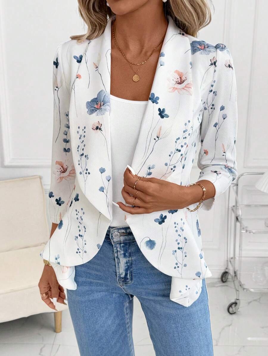 Octavia Waterfall Collar Open Front Asymmetric Hem Knit Blazer - Blue Floral