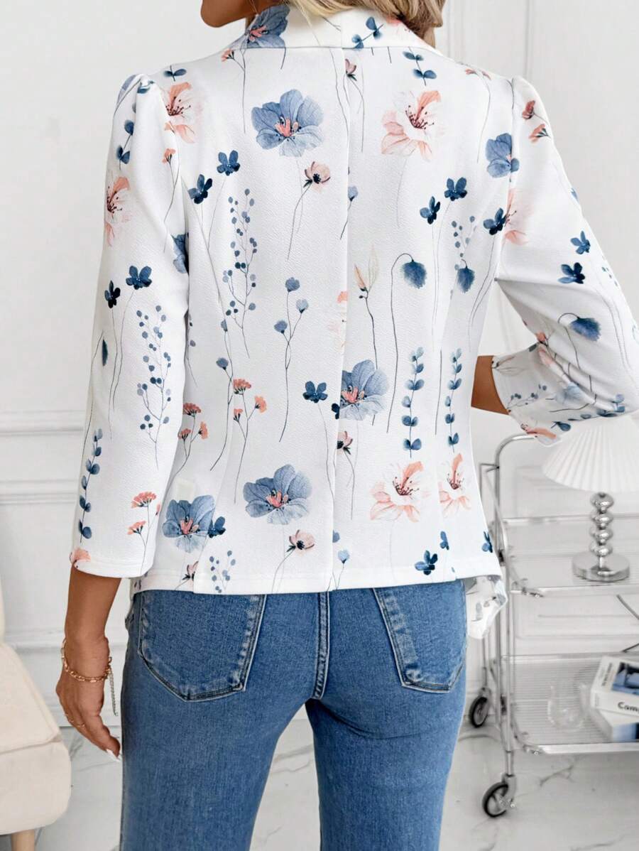 Octavia Waterfall Collar Open Front Asymmetric Hem Knit Blazer - Blue Floral