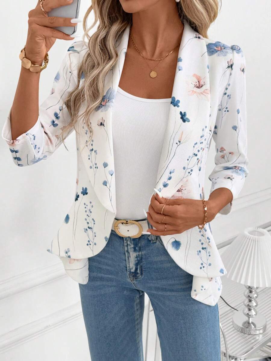 Octavia Waterfall Collar Open Front Asymmetric Hem Knit Blazer - Blue Floral