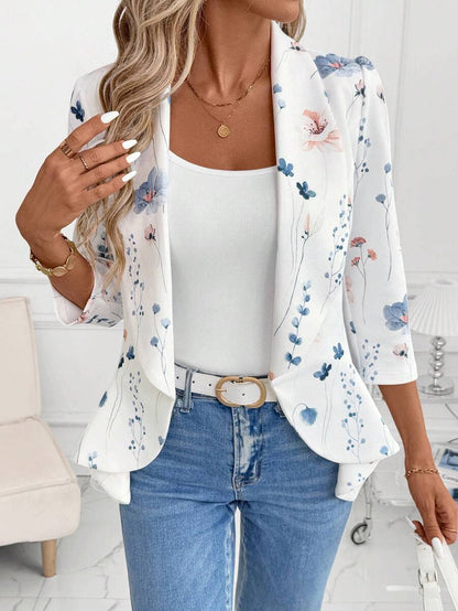 Octavia Waterfall Collar Open Front Asymmetric Hem Knit Blazer - Blue Floral