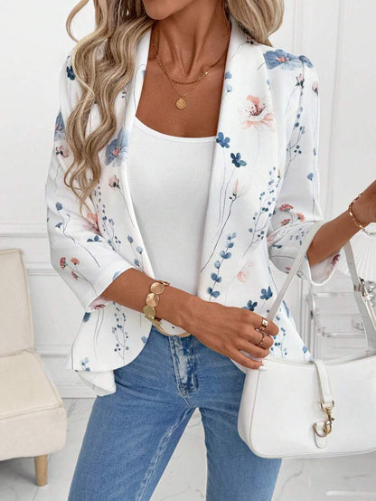 Octavia Waterfall Collar Open Front Asymmetric Hem Knit Blazer - Blue Floral