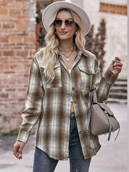 Astrid Plaid Drop Shoulder Shirt Collar Top - Coffee