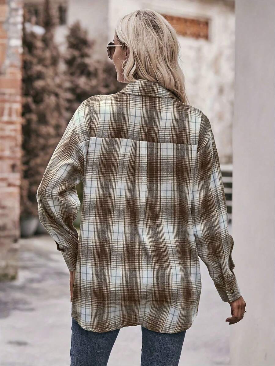 Astrid Plaid Drop Shoulder Shirt Collar Top - Green