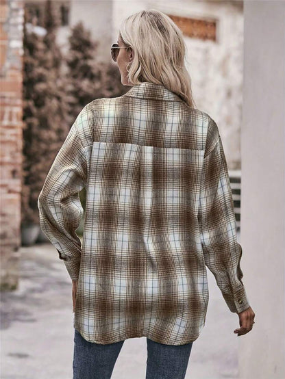 Astrid Plaid Drop Shoulder Shirt Collar Top - Green