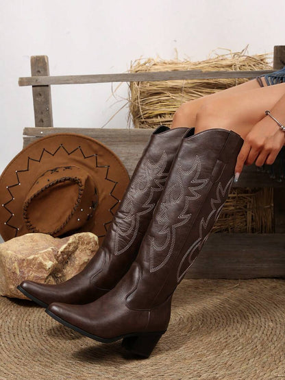 FVPFVP Fall/Winter 2025 Inspired Embroidered Boots, European & American New Style Chunky Heel Increased Height Retro Knee-High Cowboy Boots For Women,Western Style,Cowgirl Boots,Coachella Mensa