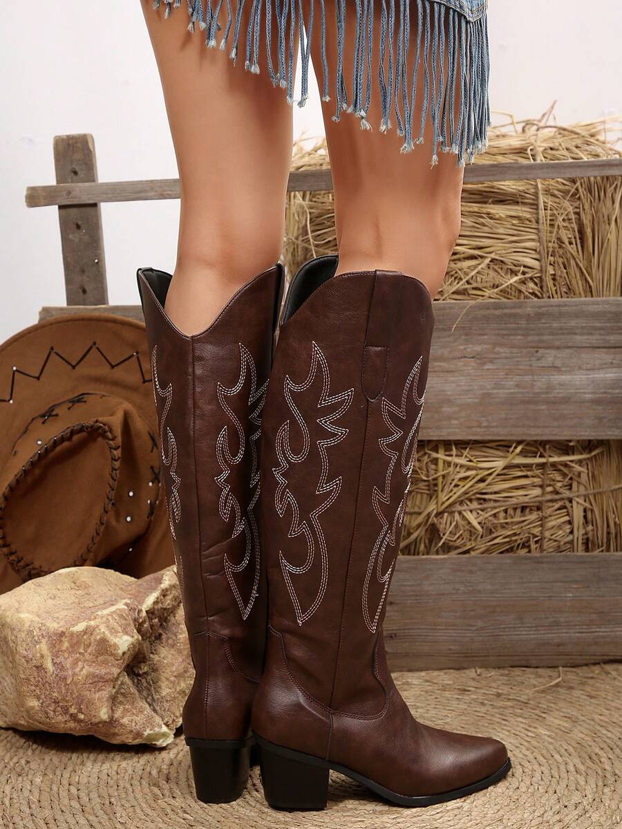 FVPFVP Fall/Winter 2025 Inspired Embroidered Boots, European & American New Style Chunky Heel Increased Height Retro Knee-High Cowboy Boots For Women,Western Style,Cowgirl Boots,Coachella Mensa