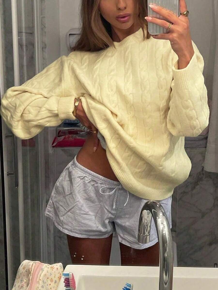 Marlowe Chunky Cable Knit Sweater Loose Crew Neck Pullover - Butter Yellow