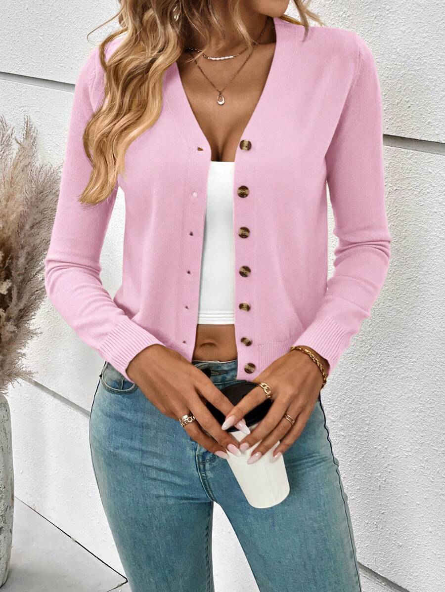 Georgiana Slim Ribbed V-Neck Button Front Knit Cardigan - Pink