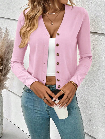 Georgiana Slim Ribbed V-Neck Button Front Knit Cardigan - Pink