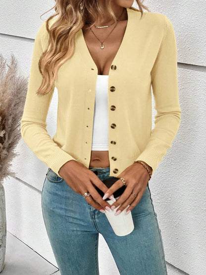 Georgiana Slim Ribbed V-Neck Button Front Knit Cardigan - Butter Yellow