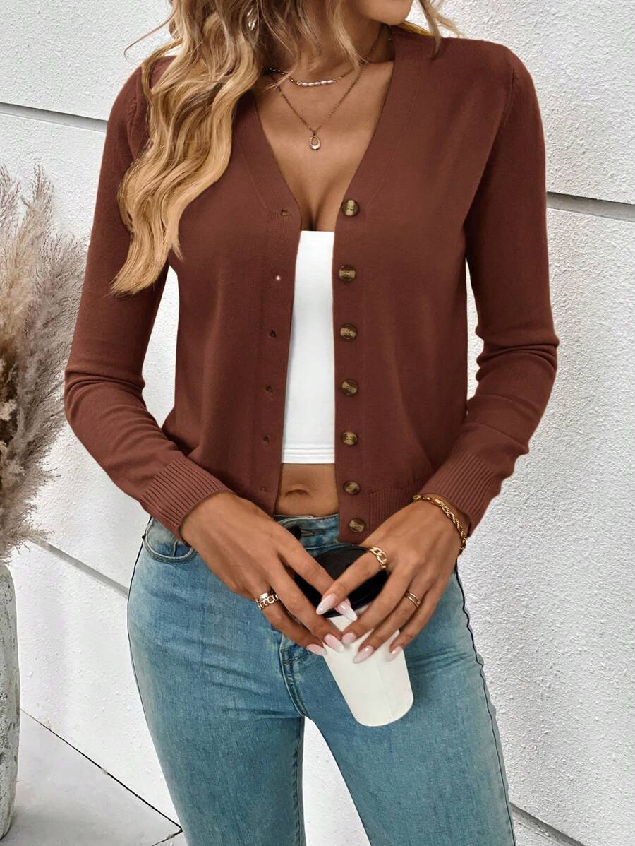 Georgiana Slim Ribbed V-Neck Button Front Knit Cardigan - Rust Brown