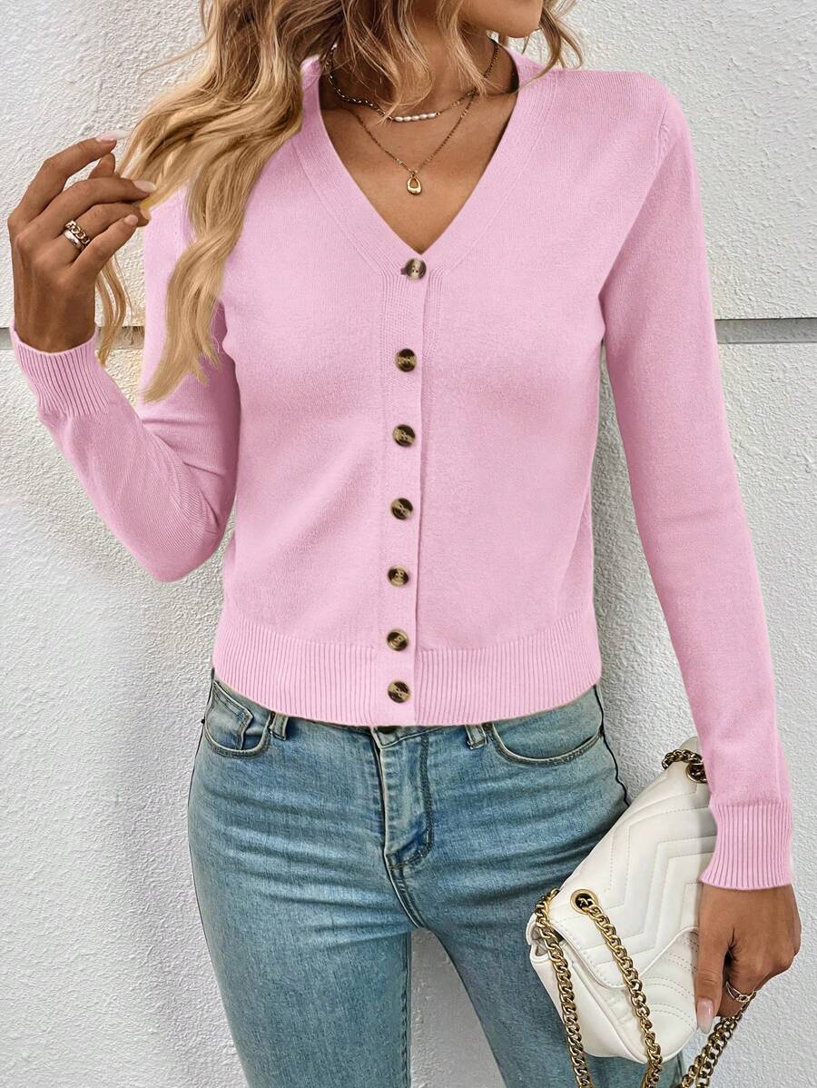 Georgiana Slim Ribbed V-Neck Button Front Knit Cardigan - Pink