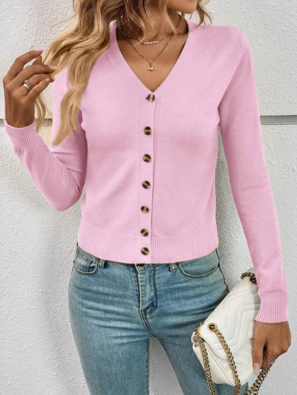 Georgiana Slim Ribbed V-Neck Button Front Knit Cardigan - Pink